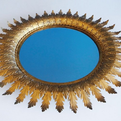 Gran espejo sol en forja dorada al pan de oro, vintage 60s.