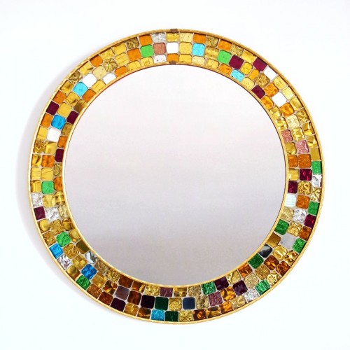 Espejo con marco de mosaico. Teselas de cristal espejado con diferentes colores y texturas. Vintage 60s.