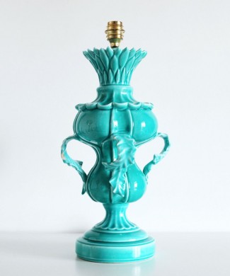 Lámpara de cerámica de Manises, en azul turquesa. Vintage años 50s- 60s.