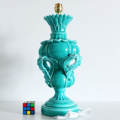 Lámpara de cerámica de Manises, en azul turquesa. Vintage años 50s- 60s.