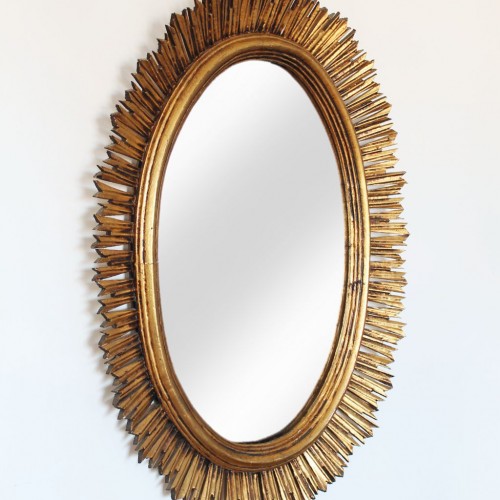Gran espejo sol de madera, tallado a mano. Pan de oro. Vintage años 50-60.
