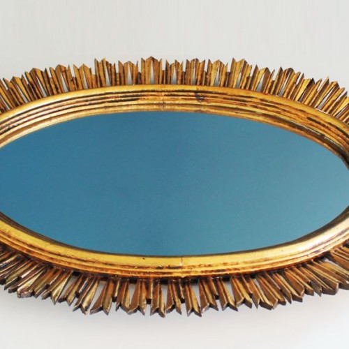 Gran espejo sol de madera, tallado a mano. Pan de oro. Vintage años 50-60.