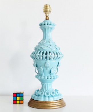 Lámpara de cerámica de Manises en color azul, C. Hispania, Vintage años 50-60s.