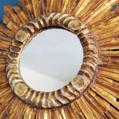 Espejo sol de madera tallada y dorada al pan de oro, vintage años 60.