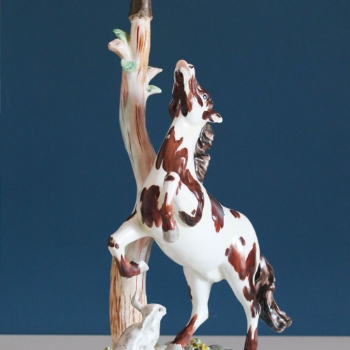 Lámpara de cerámica de Manises-Franju con caballo y liebre. Vintage años 60s.