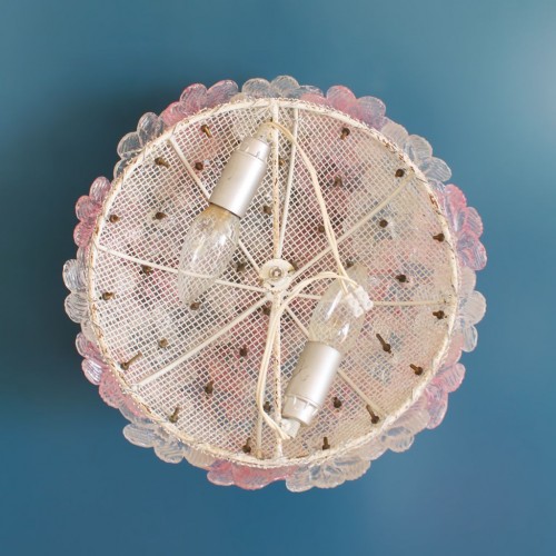 BAROVIER & TOSO - Exquisita lámpara de cristal de Murano, con flores blancas y rosas, vintage años 70s.