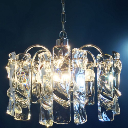 VENINI MURANO - Excelente lámpara chandelier de cristal y acero cromado, vintage años 70s.