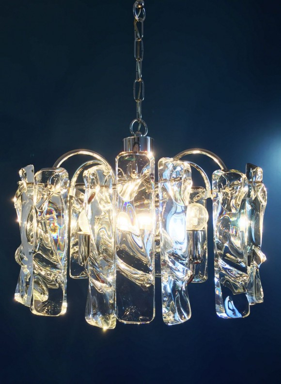 VENINI MURANO - Excelente lámpara chandelier de cristal y acero cromado, vintage años 70s.