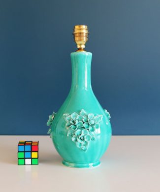 Lámpara de cerámica de Manises en color azul turquesa, vintage años 50s-60s.