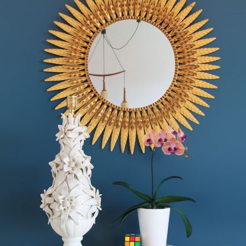 Gran espejo sol, forja dorada, vintage años 60s.