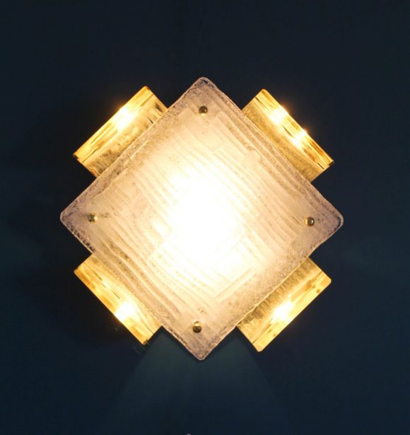 MURANO Aplique de pared o lámpara de techo de cristal de Murano y latón dorado, vintage años 60.