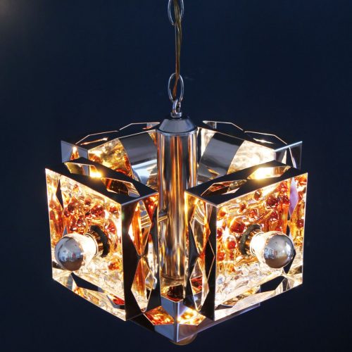 Mazzega - Murano. Espectacular lámpara de techo de acero cromado y cristal de Murano, vintage 60s-70s.