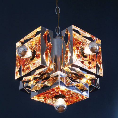 Mazzega - Murano. Espectacular lámpara de techo de acero cromado y cristal de Murano, vintage 60s-70s.