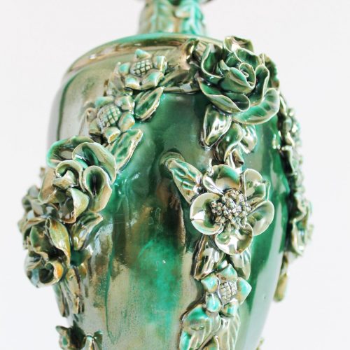Lámpara de cerámica de Manises en color verde. Vintage 50s-60s.
