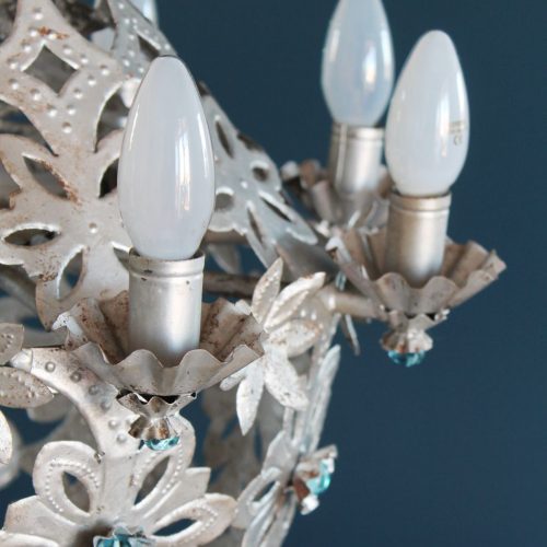 Espectacular lámpara saco o Montgolfiere de hojalata y cuentas de cristal. Vintage 50s-60s.