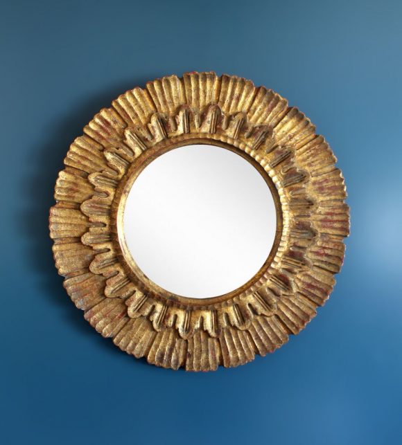 Espejo sol de madera, tallado a mano. Pan de oro. Vintage años 50-60.