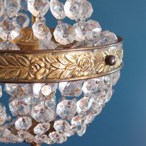 Lámpara saco o Montgolfiere de cristal y latón, en perfecto estado, vintage, 1ª mitad siglo XX.