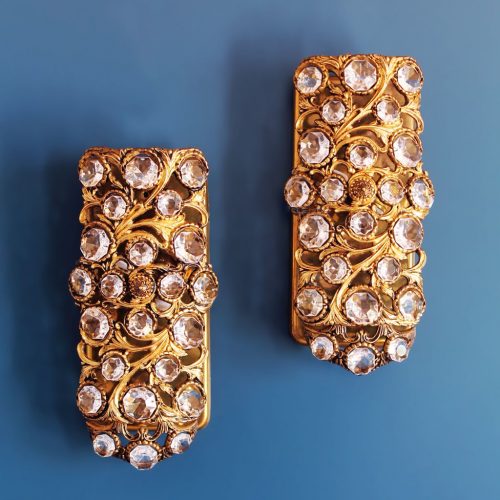 Pareja de apliques-joya de bronce y cristal con diseño floral, vintage años 60s-70s.