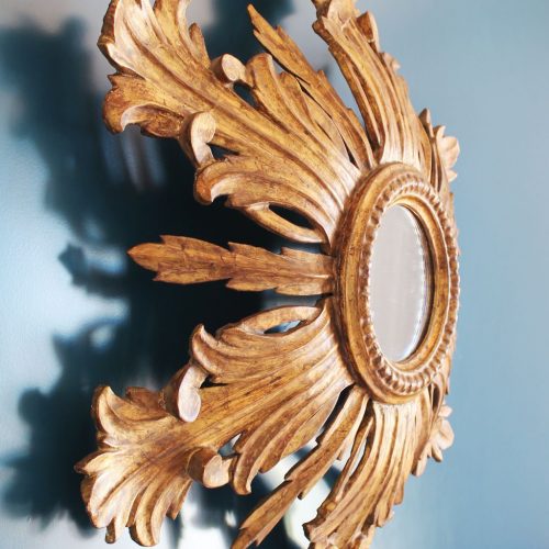 Espectacular espejo sol de madera tallada y dorada al pan de oro, vintage años 60.