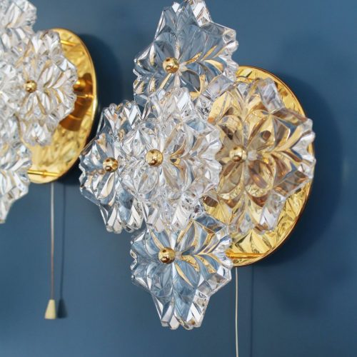 SOLKEN LEUCHTEN - Pareja de apliques florales de cristal y latón dorado, Alemania, vintage 70s.