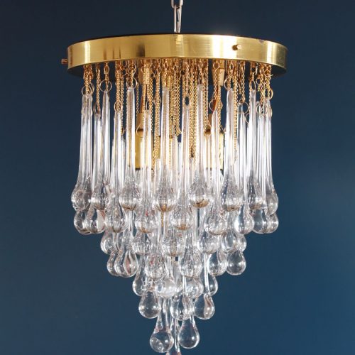 MURANO - Lámpara chandelier de techo de lágrimas de cristal y latón dorado. Vintage años 60s.