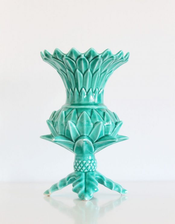 ALCACHOFA- Jarrón de cerámica de Manises en color azul turquesa. Vintage años 50-60.