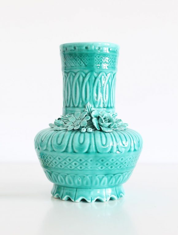 Jarrón de cerámica de Manises en color azul turquesa. Vintage años 50-60.
