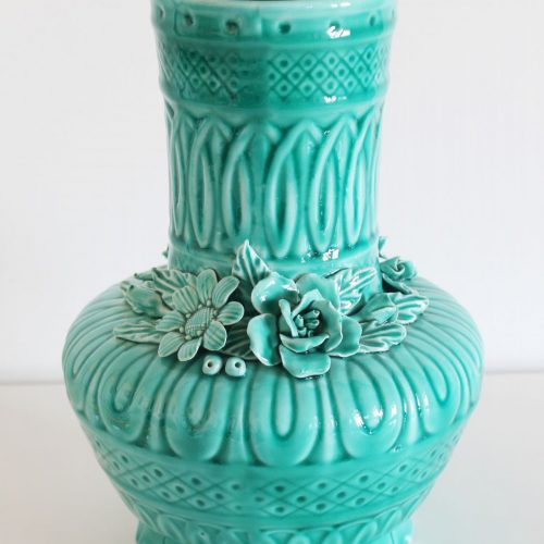 Jarrón de cerámica de Manises en color azul turquesa. Vintage años 50-60.