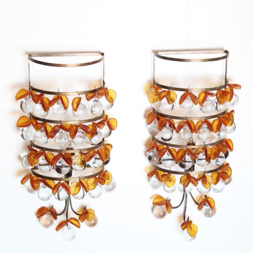 MANZANAS DE CRISTAL - Preciosa pareja de apliques de cristal y latón dorado, vintage años 50s-60s. Lámpara a juego.