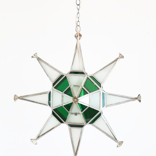 Lámpara farol granadino en forma de estrella, en color verde. Artesanía de vidriera. Vintage años 50s.
