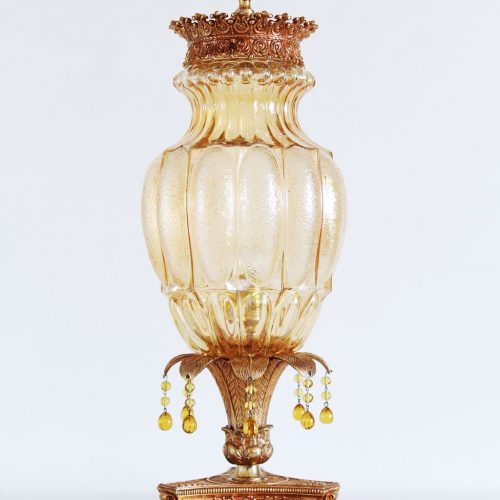 Lámpara de sobremesa de bronce y cristal, vintage años 50s-60s.