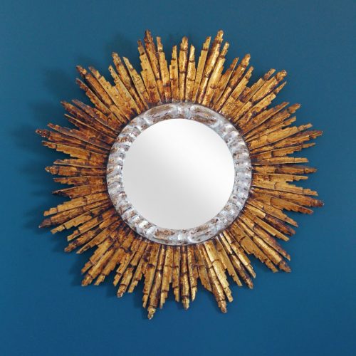 Espectacular espejo sol de madera tallada, dorada y plateada, vintage años 60.