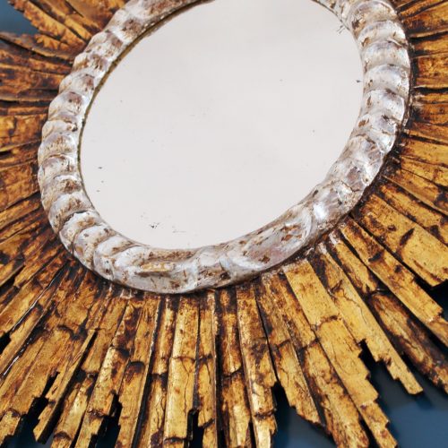Espectacular espejo sol de madera tallada, dorada y plateada, vintage años 60.