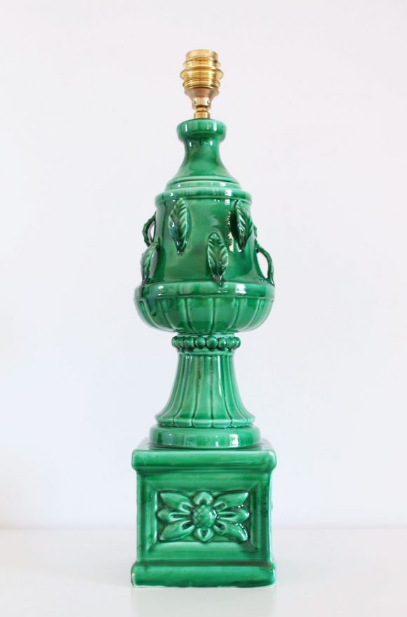Lámpara de cerámica de Manises en color verde, C. Hispania, Vintage años 50-60s.