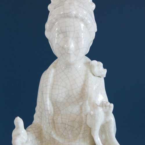 Lámpara de cerámica de Manises, figura de Buda. Blanco roto efecto craquelado. Vintage años 50s-60s.