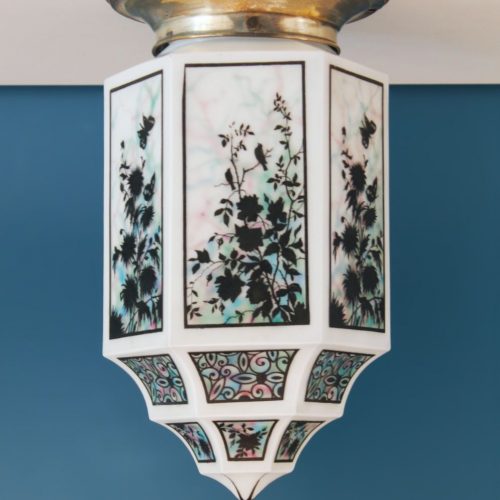 FLORES, PÁJAROS Y MARIPOSAS - exquisito farolillo antiguo Art Deco de cristal y latón plateado - 1920.