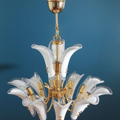 1 de 2 - MURANO - Lámpara chandelier de techo, hojas de cristal y latón dorado. Vintage años 80s. PAREJA DISPONIBLE.