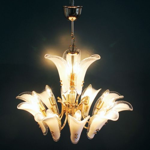 1 de 2 - MURANO - Lámpara chandelier de techo, hojas de cristal y latón dorado. Vintage años 80s. PAREJA DISPONIBLE.
