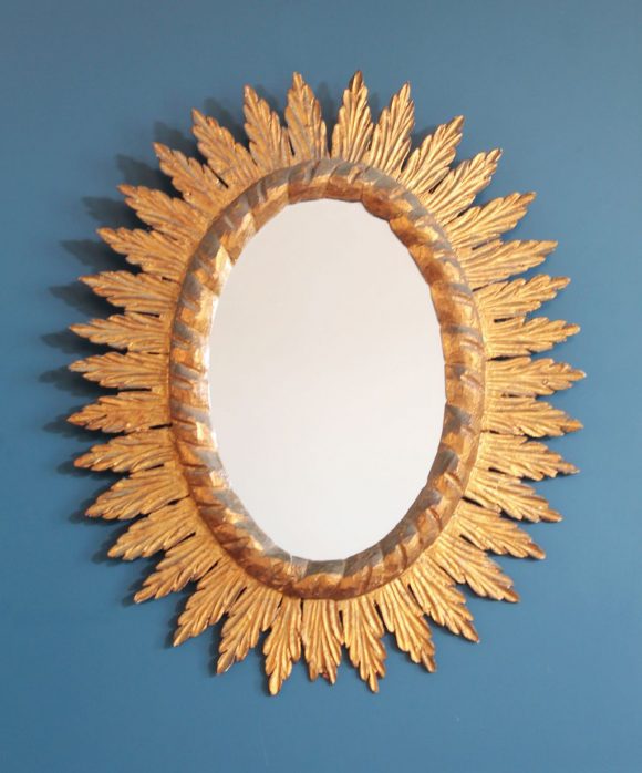 Espejo sol de madera, tallado a mano. Pan de oro. Vintage años 50-60.