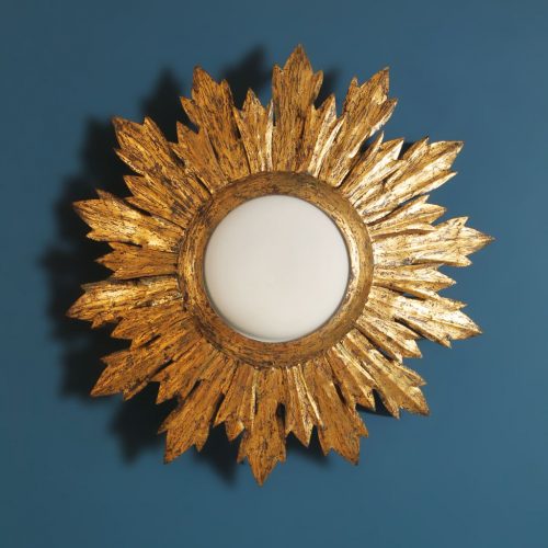 Lámpara plafón o aplique sol en forja dorada al pan de oro. Convertible en espejo. Vintage años 60.