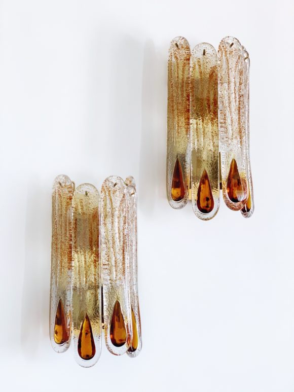 MAZZEGA MURANO - pareja de apliques - cristal con gotas ámbar. Italia, vintage 70s.