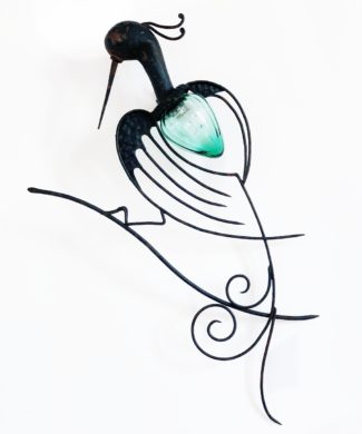 Pájaro - Lámpara de exterior, aplique de pared de forja y cristal, vintage 50s.