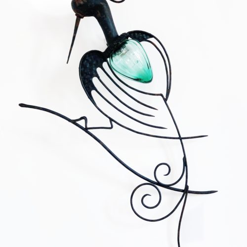 Pájaro - Lámpara de exterior, aplique de pared de forja y cristal, vintage 50s.