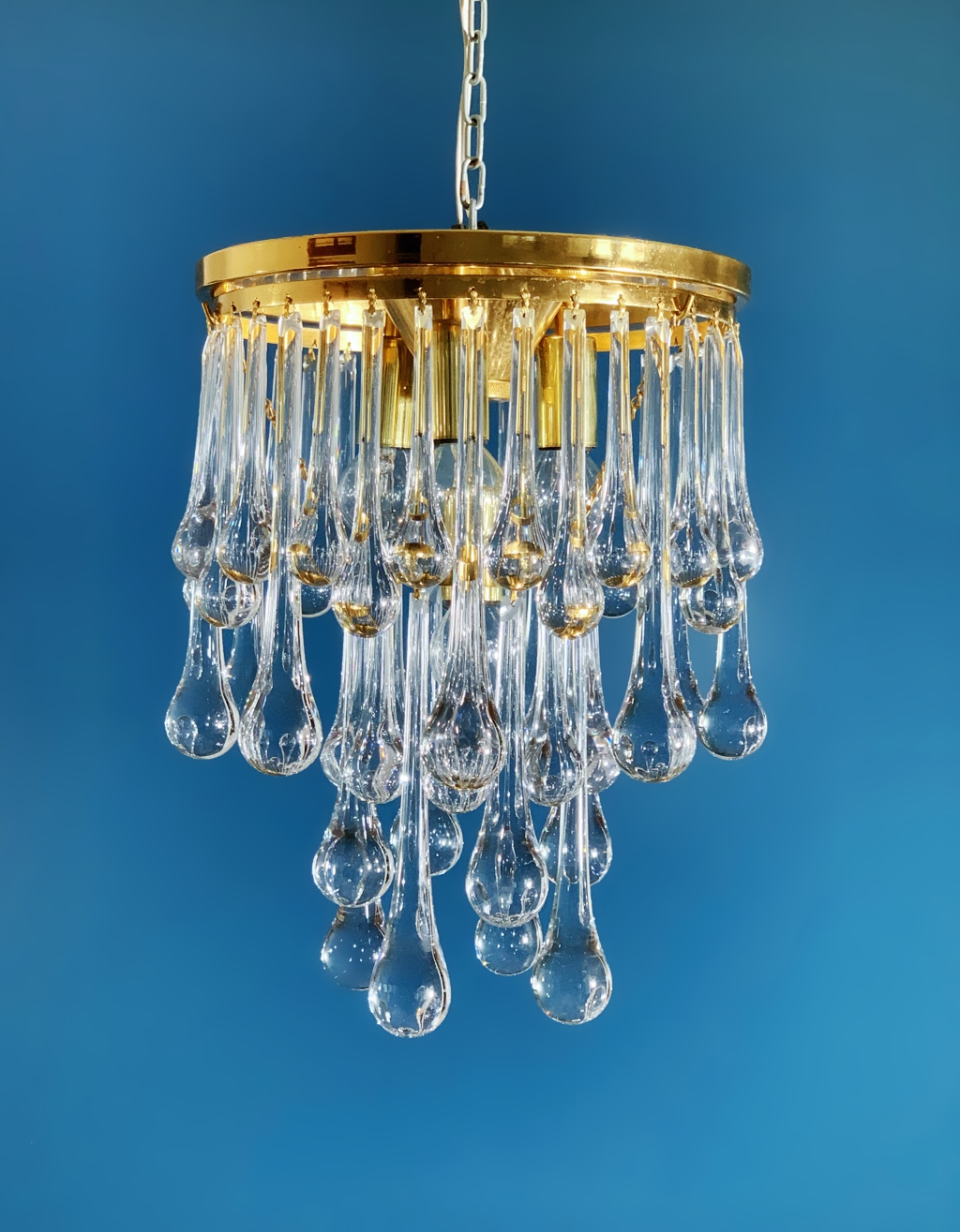 MURANO - VENINI - Lámpara de techo de lágrimas de cristal y latón dorado.  Vintage años 60s. - /