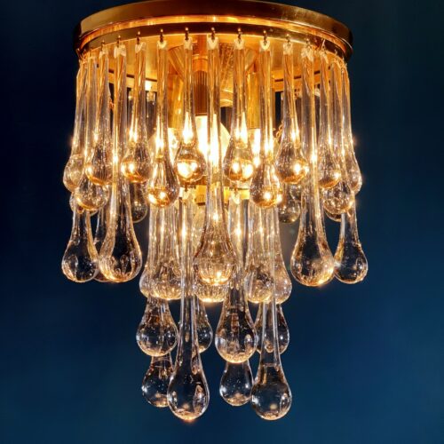 MURANO - VENINI - Lámpara de techo de lágrimas de cristal y latón dorado. Vintage años 60s.