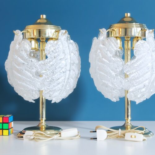 Pareja de lámparas de mesa de cristal "rugiadoso" de Murano, vintage años 70s.