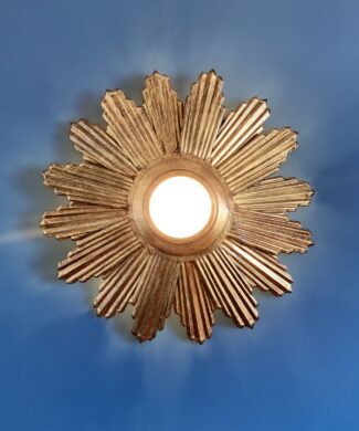 Lámpara sol o aplique de pared en forja dorada, convertible en espejo retroiluminado. Vintage años 60s.