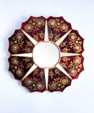 Espejo sol con marco de cristal pintado y pan de oro. Vintage 1ª mitad siglo XX.