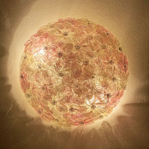 BAROVIER & TOSO - Exquisita lámpara de cristal de Murano, con flores rosas y polvo de oro, vintage años 70s.