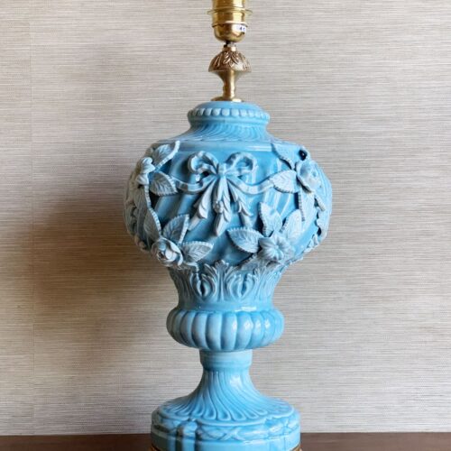 Gran lámpara vintage de cerámica de Manises, C.Bondía. Copa estilo Imperio con efigies clásicas. Vintage 50s-60s.